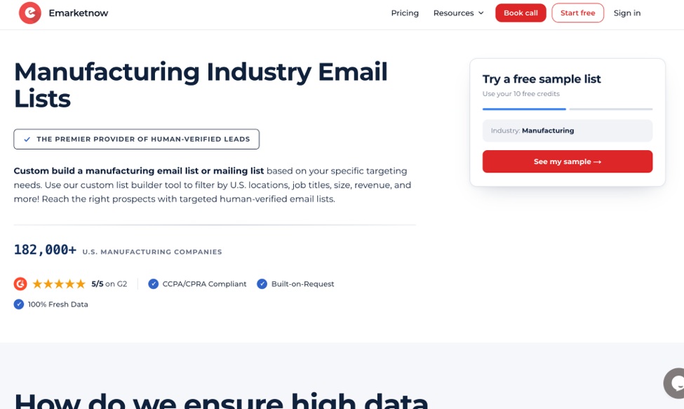 eMarketNow manufacturing industry email list page with buyer segment and role filtering