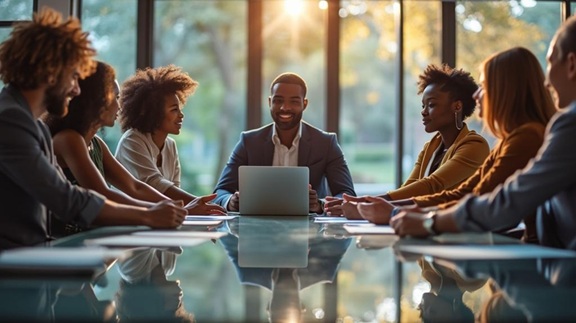 Diverse team collaborating purposefully. Diverse team collaborating purposefully.